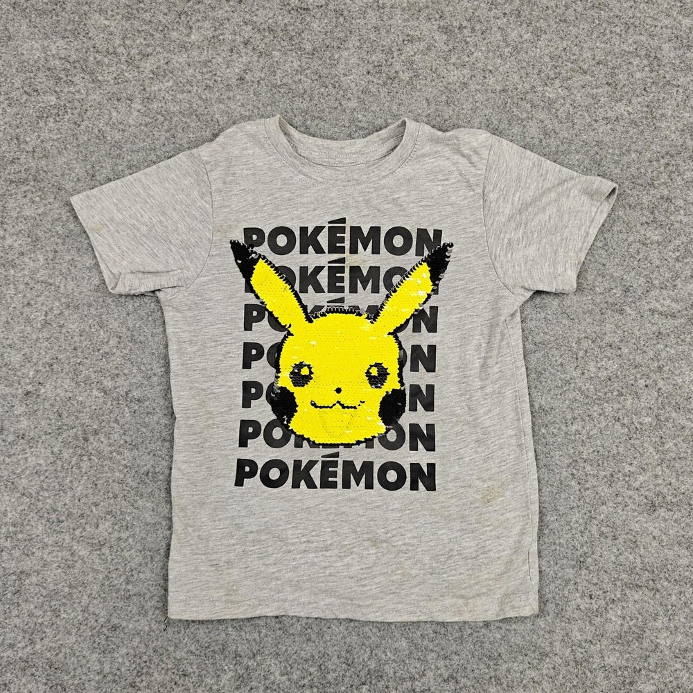 Pokemon Shirt Kids XS Gray Pikachu Sequin Graphic Short Sleeve Tee Top